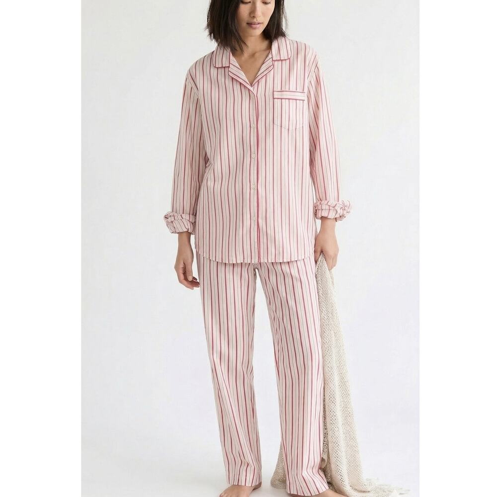 J.Crew Pajama Set in Cotton Poplin Womens M Ivory/Red Stripe Shirt & Pants NWOT